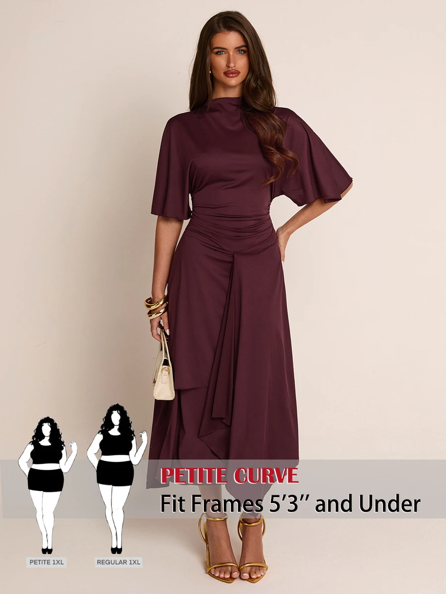 SHEIN PETITE CURVE Plus Size Women's Solid Color Stand Collar Short Sleeve Pleated Elegant Knit Dress Wedding Cocktail Party Dark Purple Summer - Brown - View 1