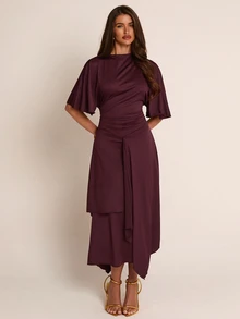 SHEIN PETITE CURVE Plus Size Women's Solid Color Stand Collar Short Sleeve Pleated Elegant Knit Dress Wedding Cocktail Party Dark Purple Summer - Brown - View 4