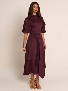 SHEIN PETITE CURVE Plus Size Women's Solid Color Stand Collar Short Sleeve Pleated Elegant Knit Dress Wedding Cocktail Party Dark Purple Summer - Brown - View 3