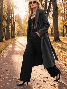 Anewsta Essential 女士优雅炭灰色中长款系带羊毛混纺大衣，适合秋季、冬季、外出、正式场合、派对、时尚、新年、圣诞节、工作、毕业典礼、婚礼等场合穿着。 - 深灰色 - 查看 3