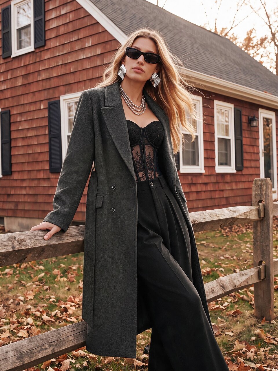 Anewsta Elegant Women's Dark Grey Tweed Lapel Long Sleeve Regular Longline Overcoat With Belted Pockets