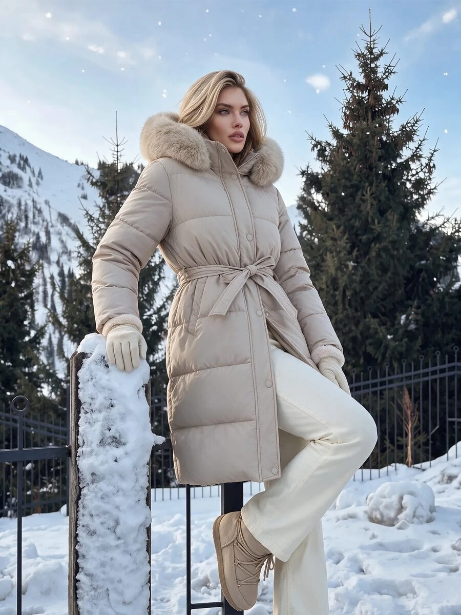 Anewsta Essential معطف مبطن بنسيج الفرو الاصطناعي ذو لون أحادي مع سحاب وكابوت للنساء، شتوي - لون مشمشي - مشاهدة 1