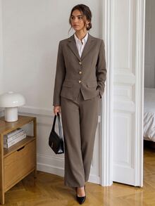 Easowa Setelan Wanita Musim Gugur/Dingin, Warna Polos, Kerah Berkerah Tunggal, Jaket dan Celana, Setelan Jas Profesional untuk Kerja Kantor, Pakaian Bisnis, Nuansa Cokelat - Coklat - View 4