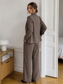 Easowa Setelan Wanita Musim Gugur/Dingin, Warna Polos, Kerah Berkerah Tunggal, Jaket dan Celana, Setelan Jas Profesional untuk Kerja Kantor, Pakaian Bisnis, Nuansa Cokelat - Coklat - View 5