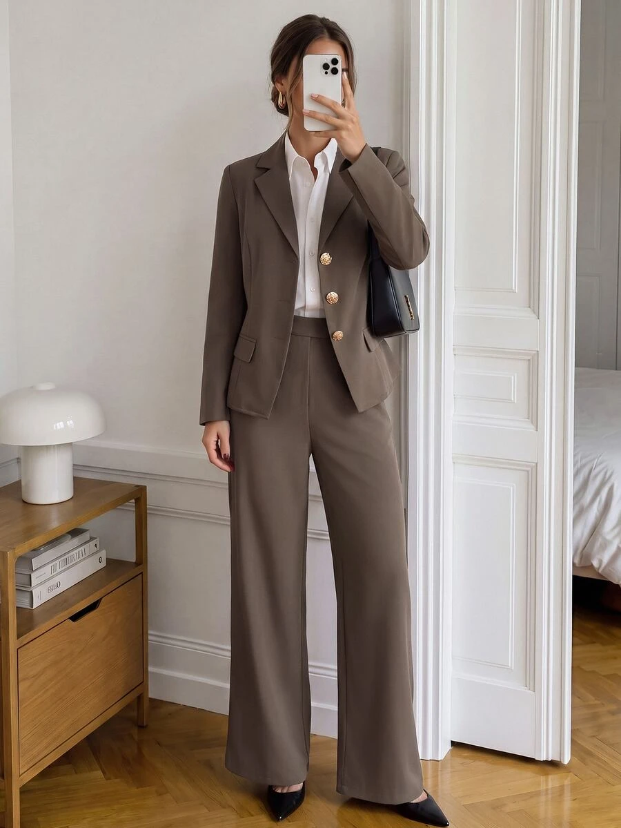 Easowa Setelan Wanita Musim Gugur/Dingin, Warna Polos, Kerah Berkerah Tunggal, Jaket dan Celana, Setelan Jas Profesional untuk Kerja Kantor, Pakaian Bisnis, Nuansa Cokelat - Coklat - View 1