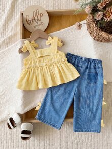 SHEIN 2pcs Baby Girl Sweet & Fresh Striped Ruffle Back Button Half-Placket Bow Strap Top And Bowknot Elastic Waist Pants Set And Cute Set Features A Textured Fabric And Embellished Patches, Including A Tank Top And Straight-Leg Pants, Perfect For Spring And Summer. Spring Toddler Sets Baby Girl Summer Spring - Yellow - View 4