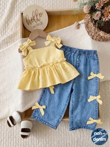 SHEIN 2pcs Baby Girl Sweet & Fresh Striped Ruffle Back Button Half-Placket Bow Strap Top And Bowknot Elastic Waist Pants Set And Cute Set Features A Textured Fabric And Embellished Patches, Including A Tank Top And Straight-Leg Pants, Perfect For Spring And Summer. Spring Toddler Sets Baby Girl Summer Spring - Yellow - View 1