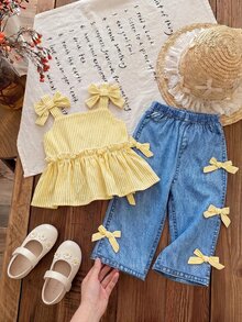 SHEIN 2pcs Baby Girl Sweet & Fresh Striped Ruffle Back Button Half-Placket Bow Strap Top And Bowknot Elastic Waist Pants Set And Cute Set Features A Textured Fabric And Embellished Patches, Including A Tank Top And Straight-Leg Pants, Perfect For Spring And Summer. Spring Toddler Sets Baby Girl Summer Spring - Yellow - View 3