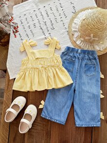 SHEIN 2pcs Baby Girl Sweet & Fresh Striped Ruffle Back Button Half-Placket Bow Strap Top And Bowknot Elastic Waist Pants Set And Cute Set Features A Textured Fabric And Embellished Patches, Including A Tank Top And Straight-Leg Pants, Perfect For Spring And Summer. Spring Toddler Sets Baby Girl Summer Spring - Yellow - View 5