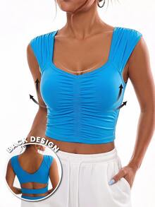 Dewbera Dewbera Tank Top Olahraga Pendek Wanita Warna Polos dengan Detail Kerut - Biru - View 3