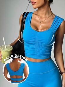 Dewbera Dewbera Tank Top Olahraga Pendek Wanita Warna Polos dengan Detail Kerut - Biru - View 1