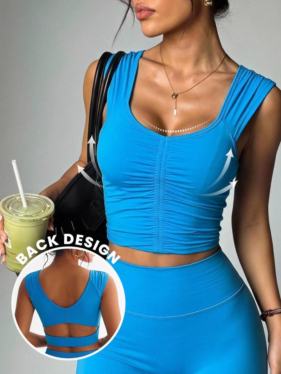 Dewbera Dewbera Tank Top Olahraga Pendek Wanita Warna Polos dengan Detail Kerut - Biru - View 1