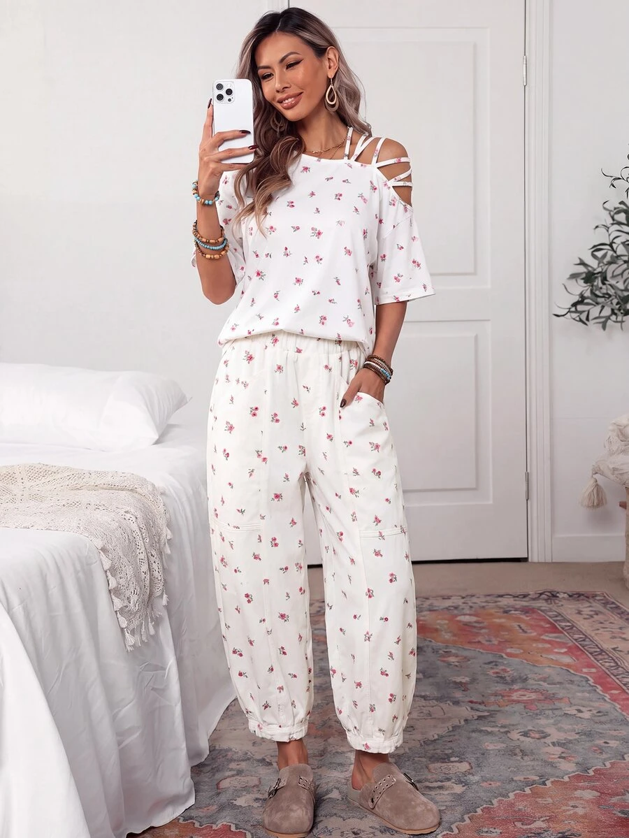 SHEIN Tall 女款全印花休閒百搭日常牛仔褲 - 白色 - 查看 1