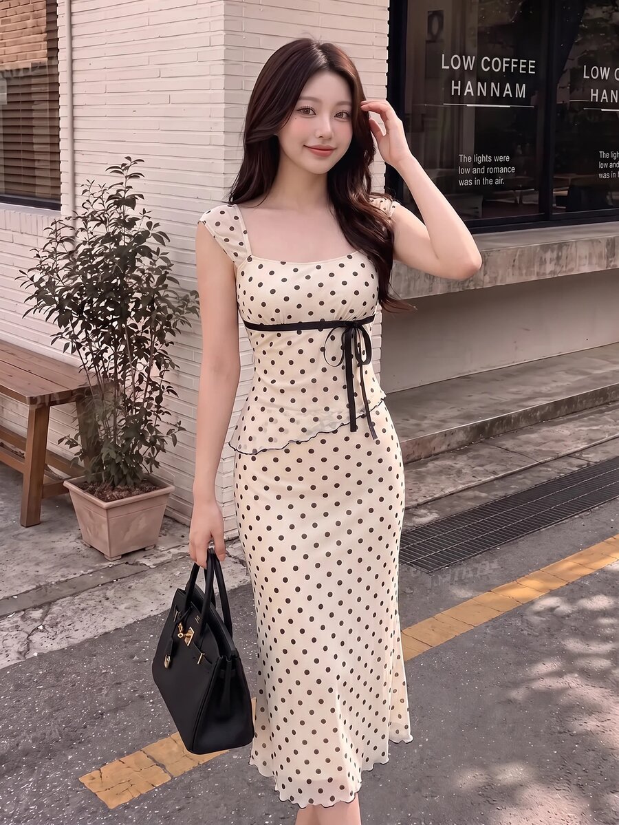 SHEIN X YERIMUA SHEIN MOD 波點蝴蝶結 2 件套:不對稱下擺多色上衣與低腰魚尾裙 - 彩色 - 查看 1