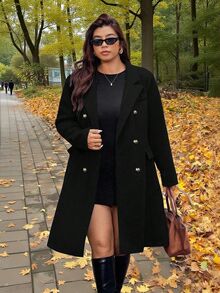 Vionelle 女款高級灰色羊毛西裝外套 中長版 優雅挺肩雙排扣羊毛夾克 - 黑色 - 查看 1