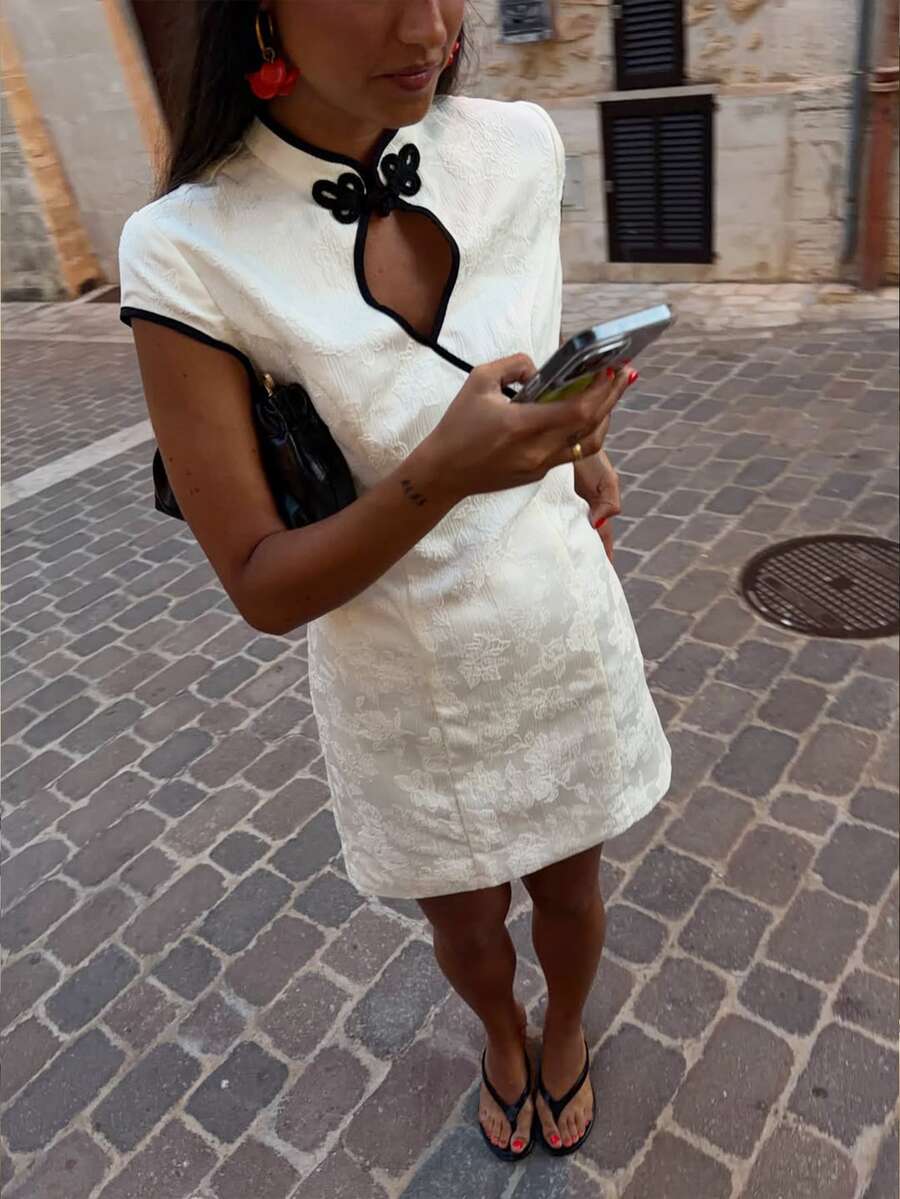 Nöista 中式 A 字剪裁對比滾邊洋裝,優雅派對風波西米亞風 - 杏色 - 查看 1