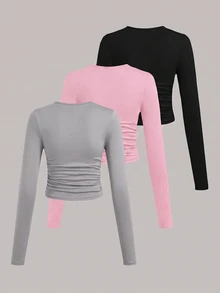 SHEIN Girlism 兒童青少年女孩修身休閒針織素色圓領抓皺長袖T恤3件組 - 彩色 - 查看 2