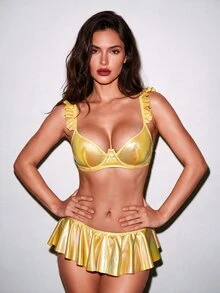 Qdormo Sexy Push-Up Small Bust Jazz Shiny Ultra-Skirt Lingerie Set For Women (Underwire Skort) 2pcs - Yellow - View 3