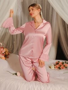 SHEIN طقم بيجامة من القطن الساتان مع أكمام منفوشة، ملابس خريفية وشتوية مريحة وأنيقة - وردي مغبر - مشاهدة 5