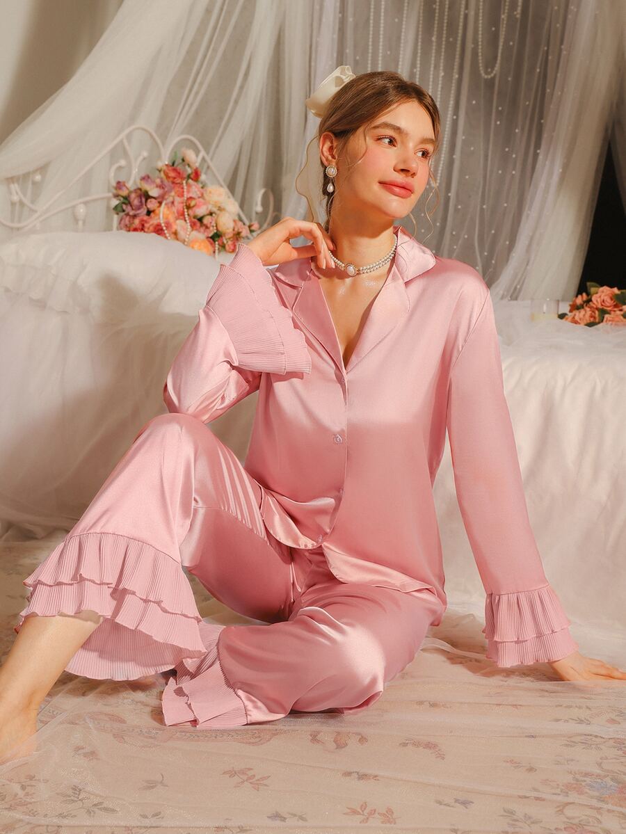 SHEIN طقم بيجامة من القطن الساتان مع أكمام منفوشة، ملابس خريفية وشتوية مريحة وأنيقة - وردي مغبر - مشاهدة 1