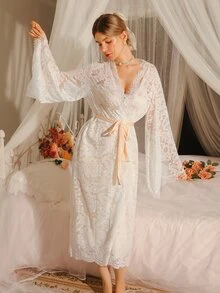 Moireta Women's Elegant Contrast Lace Camisole Dress And Cardigan Sleepwear Set, Summer - Champagne - View 5