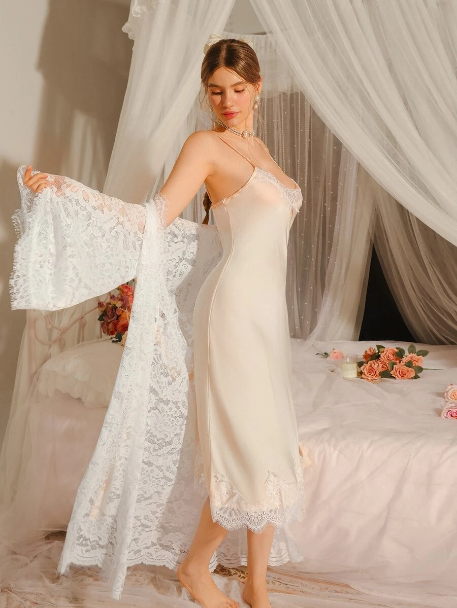 Moireta Women's Elegant Contrast Lace Camisole Dress And Cardigan Sleepwear Set, Summer - Champagne - View 1