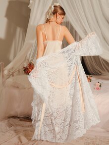 Moireta Women's Elegant Contrast Lace Camisole Dress And Cardigan Sleepwear Set, Summer - Champagne - View 2