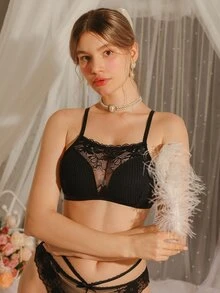 DelicateAllure 女士蕾丝拼接舒适性感内衣 - 黑色 - 查看 5