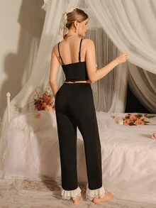 Cute Summer INS Lace Trim Contrast Color Women Pajama Sets - Black - View 2