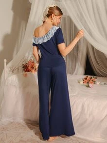 DelicateAllure Women Casual Lace Patchwork Cold-Shoulder Short Sleeve Wide Leg Jumpsuit Pajama Set - Navy Blue - View 2