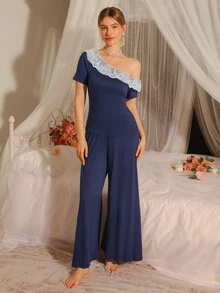 DelicateAllure Women Casual Lace Patchwork Cold-Shoulder Short Sleeve Wide Leg Jumpsuit Pajama Set - Navy Blue - View 3