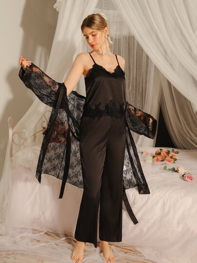 Moireta Elegante y encantador conjunto de bata, camisola y pantalones de encaje para mujer