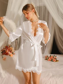 DelicateAllure 女士撞色蕾丝边纯色睡袍，奢华家居服，秋冬款 - 白色 - 查看 1