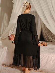 SHEIN رداء نسائي كاجوال أنيق ذو تصميم شبكي مكشكش، مناسب للخريف والشتاء - الأسود - مشاهدة 2
