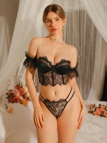 DelicateAllure 3pcs Christmas Lace Underwire Lingerie Set - Black - View 5
