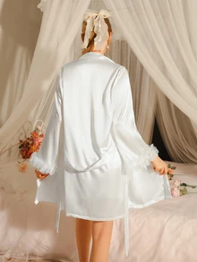 SilkySpell 2 Pieces Set: Floral Trim Faux Silk Camisole Nightgown And Robe, Fall Winter Clothes - White - View 2