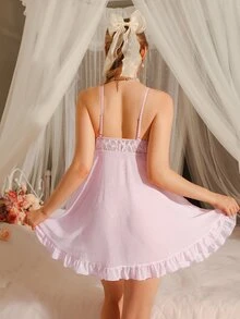 DelicateAllure بوديسوت داخلية نسائية من القماش الشفاف المخرم والدانتيل الجذاب مزدوجة الغطاء - وردي فاتح - مشاهدة 2