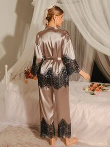 LuxeNights 2pcs Women Elegant Satin Long Sleeve Pajama Set With Lace Trim, Suitable For All Seasons - Brown - View 2