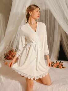Côtesoire Southern France Mature Elegant Ribbed Knit Women Robe - White - View 3