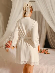 Côtesoire Southern France Mature Elegant Ribbed Knit Women Robe - White - View 2