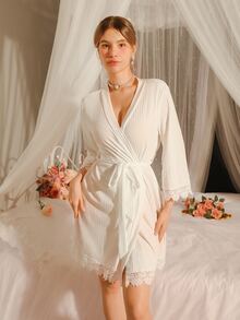 Côtesoire Southern France Mature Elegant Ribbed Knit Women Robe - White - View 5