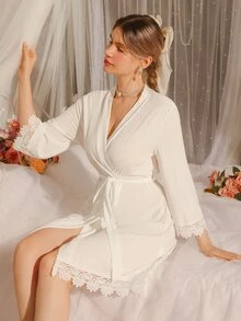 Côtesoire Southern France Mature Elegant Ribbed Knit Women Robe - White - View 4