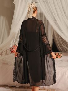 DelicateAllure 2pcs Elegant Lace Patchwork Sexy Sleepwear Set, Includes Dress And Robe Sexy 2piece Dress Lingerie Robe Set Black Silk Robe Lace Robe Mesh Robe - Black - View 3