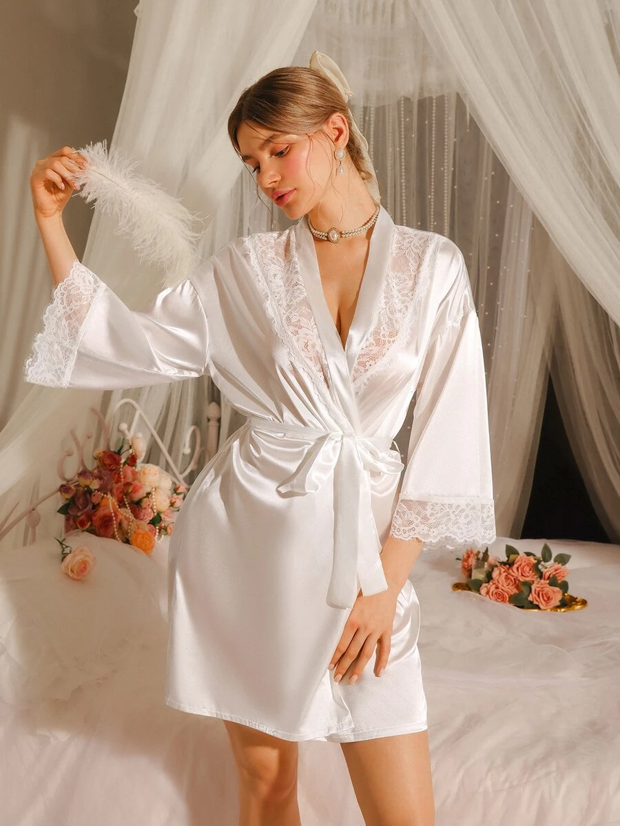 SilkySpell Satin Ladies Robe With Lace Trim Luxeloungewear, Fall, Winter - White - View 1