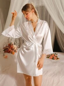 SilkySpell Satin Ladies Robe With Lace Trim Luxeloungewear, Fall, Winter - White - View 5