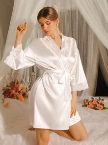 SilkySpell Satin Ladies Robe With Lace Trim Luxeloungewear, Fall, Winter - White - View 3