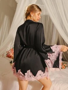 Moireta Women's Contrast Lace Flare Sleeve Elegant Robe - Black - View 2