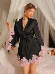 Moireta Women's Contrast Lace Flare Sleeve Elegant Robe - Black - View 3