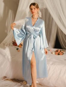 LuxeNights French Elegant Loose Long Robe, Women Sleepwear - Blue - View 3