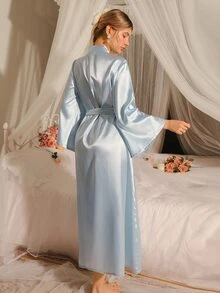 LuxeNights French Elegant Loose Long Robe, Women Sleepwear - Blue - View 2